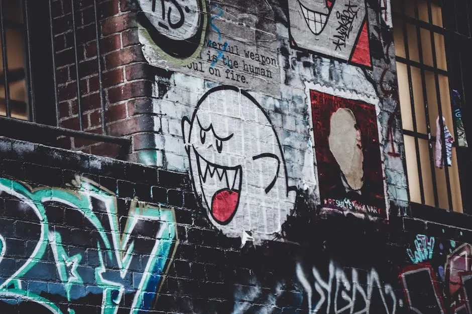 Vibrant street art mural showcasing a cartoon ghost on an urban wall.