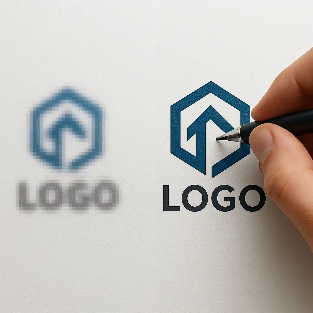 A close-up shot of a designer's hand fixing common logo design mistakes, transforming a bad, pixelated image into a clear, professional one.