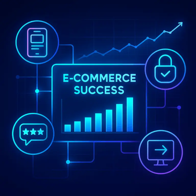 Digital dashboard showing e-commerce growth metrics, with icons representing mobile-friendly design, secure payment options, customer reviews, and site navigation, symbolizing essential website features for online business success.