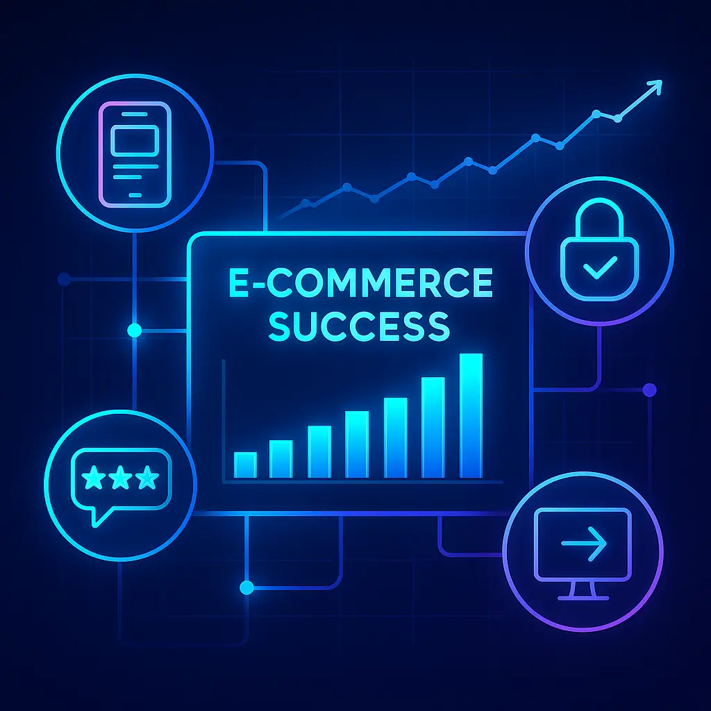 Digital dashboard showing e-commerce growth metrics, with icons representing mobile-friendly design, secure payment options, customer reviews, and site navigation, symbolizing essential website features for online business success.
