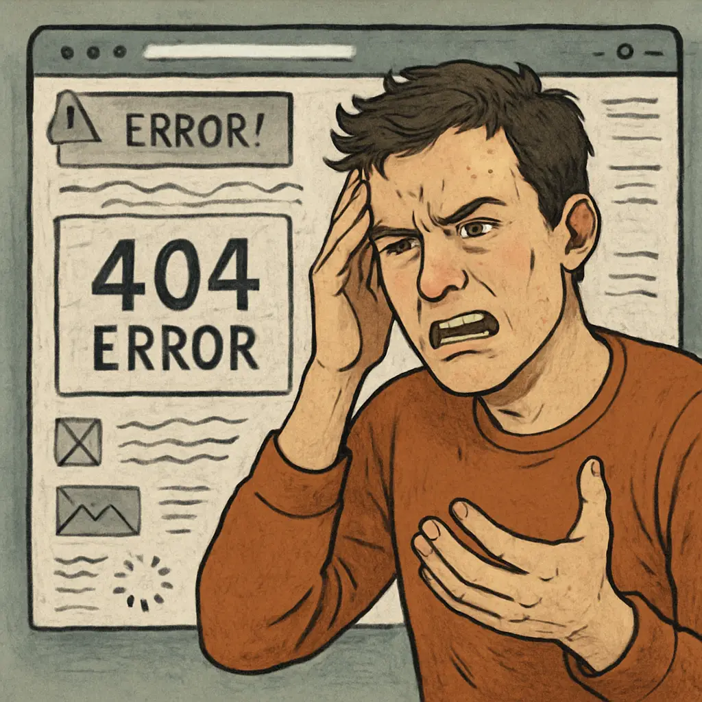 A person looking frustrated while trying to use a website that has common web design blunders, indicating a poor user experience.