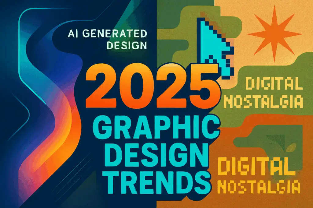 Conceptual image illustrating 2025 graphic design trends, blending AI-generated abstract gradients and fluid forms with retro Y2K pixel art, bold typography, and eco-conscious elements.