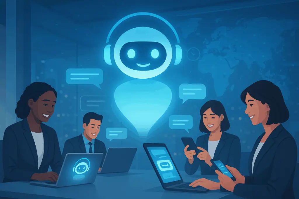 AI chatbot interface providing 24/7 instant customer support to a business, illustrating efficiency and global reach.