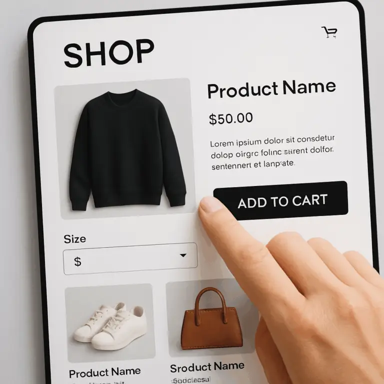 A person's hand touches a tablet screen displaying a beautifully organized e-commerce website, illustrating a high-converting e-commerce design.
