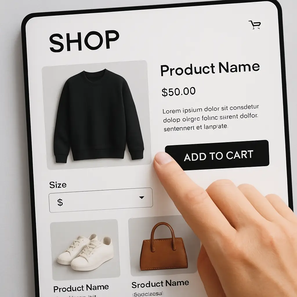 A person's hand touches a tablet screen displaying a beautifully organized e-commerce website, illustrating a high-converting e-commerce design.