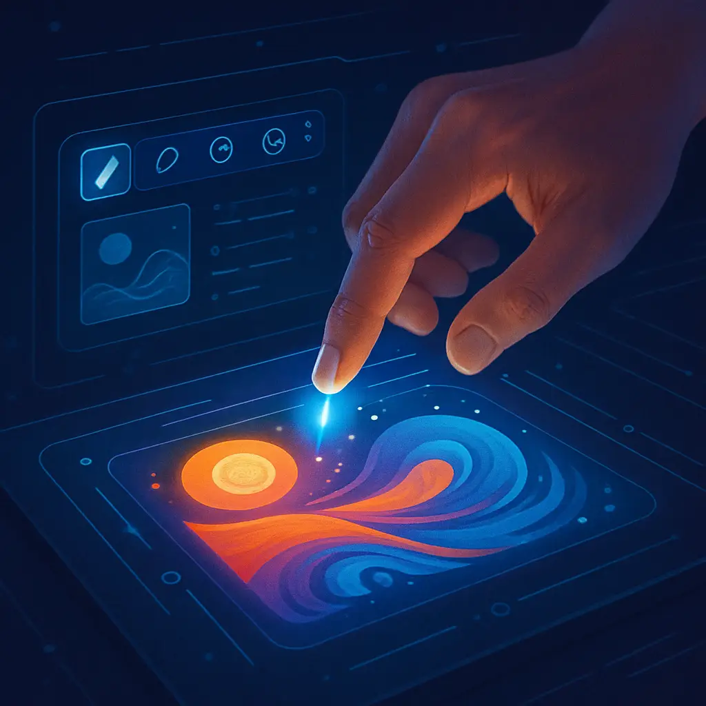 A human hand interacting with a glowing digital interface, showcasing the intuitive power of AI design tools in creating digital art.