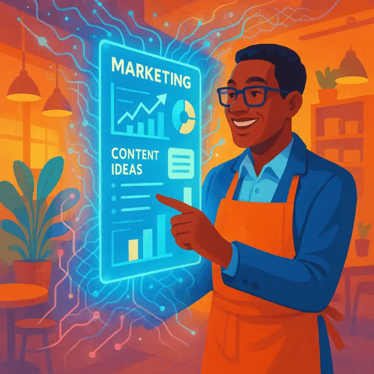 A small business owner uses AI marketing tools, represented by a holographic interface, to optimize content, manage social media, and analyze customer data for growth.