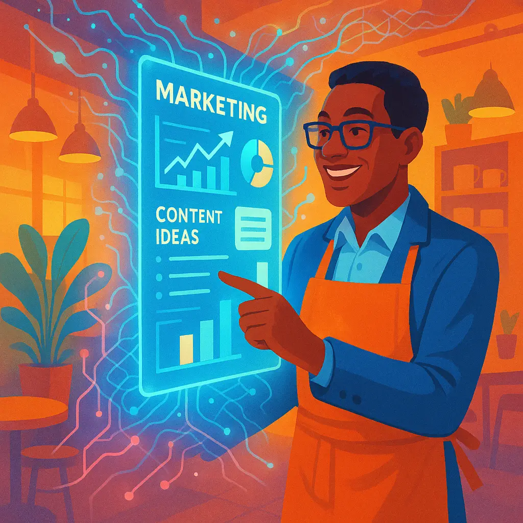 A small business owner uses AI marketing tools, represented by a holographic interface, to optimize content, manage social media, and analyze customer data for growth.