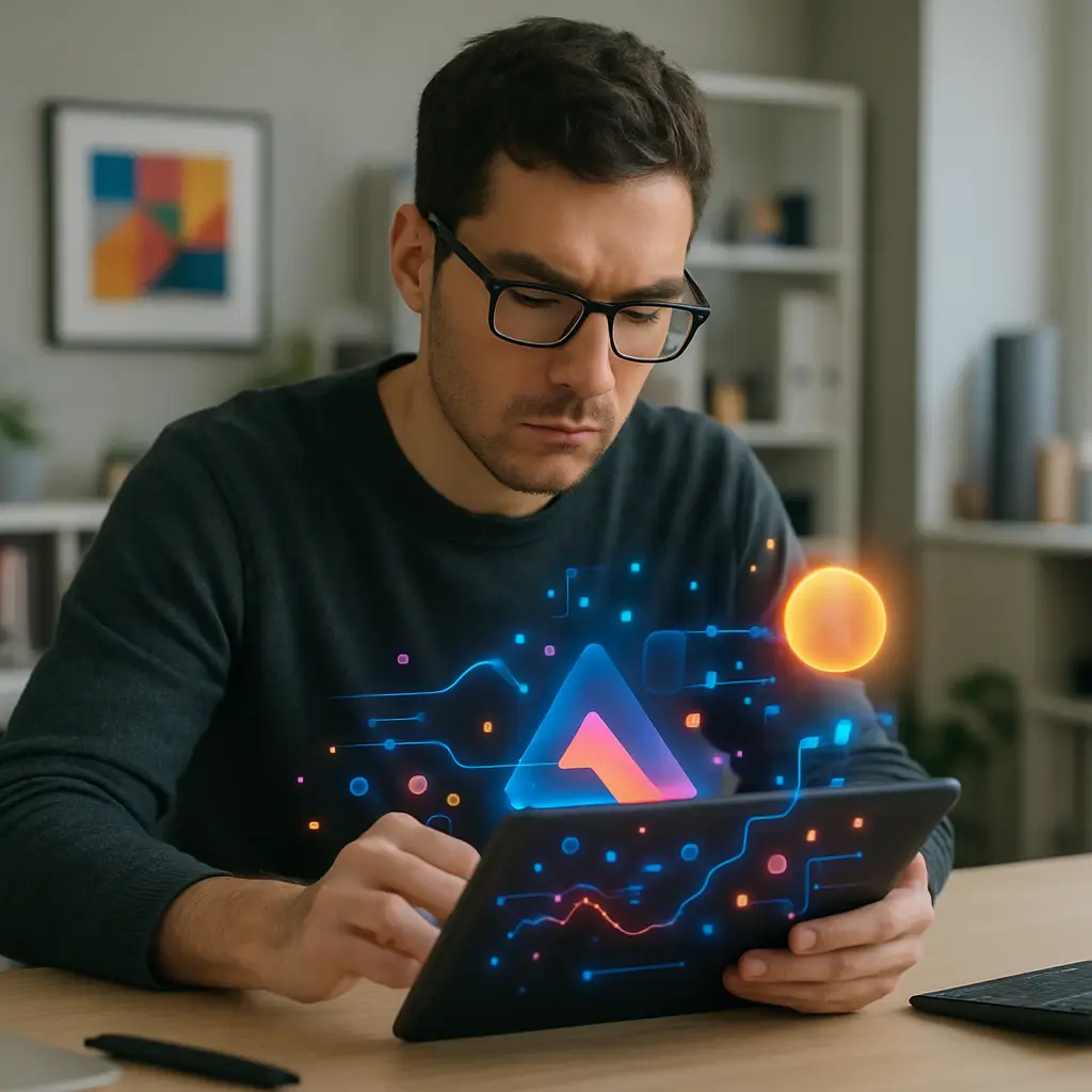 A graphic designer collaborates with AI, using a tablet to create visuals, illustrating the future of AI in graphic design.