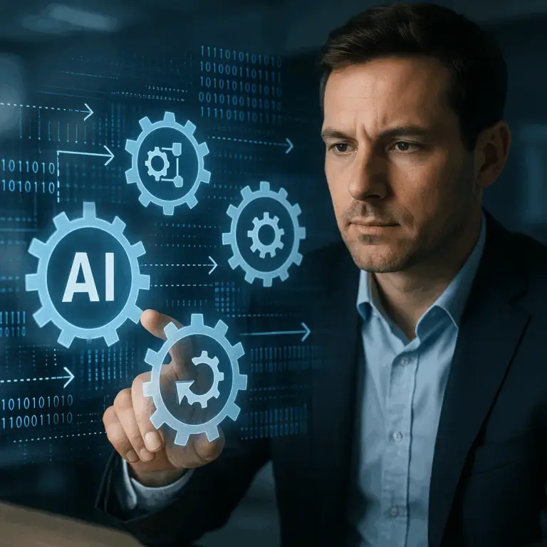 AI automation visualizes digital gears and data flows optimizing business processes, freeing people for strategic collaboration.