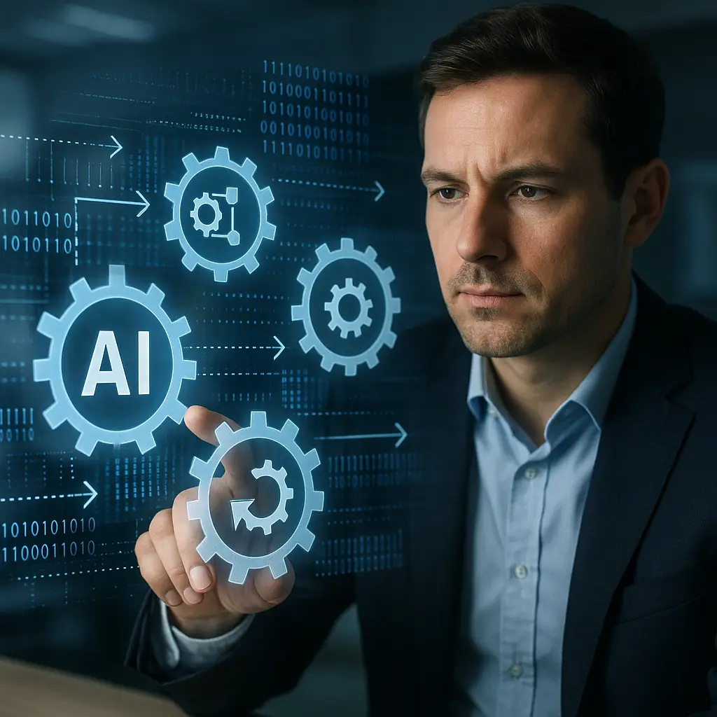 AI automation visualizes digital gears and data flows optimizing business processes, freeing people for strategic collaboration.