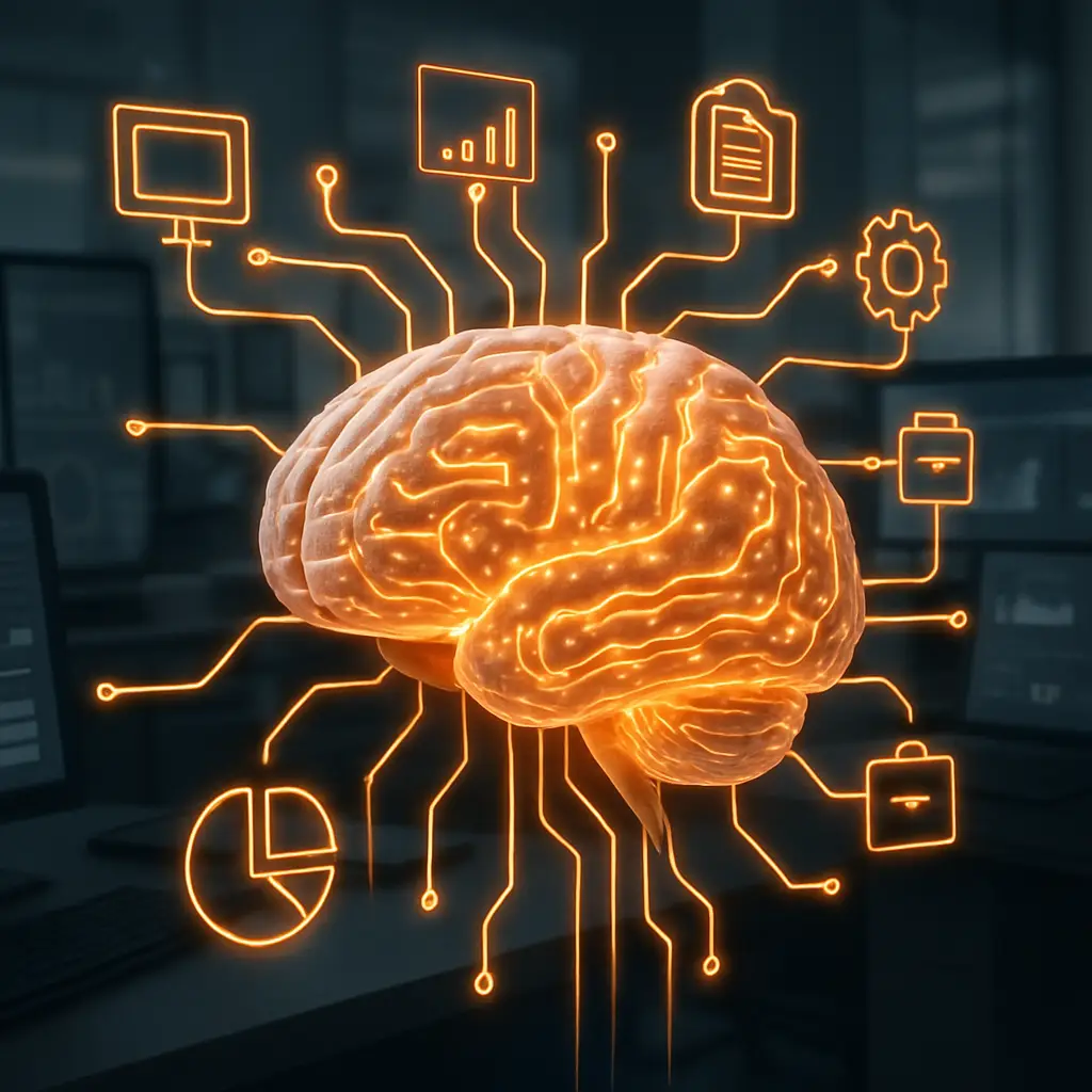 A futuristic AI brain with glowing circuits visually represents the efficiency of AI workflow automation in a business setting.