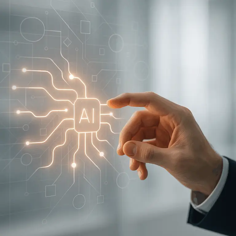 A human hand guides complex digital pathways, symbolizing responsible AI implementation and ethical decision-making in technology.
