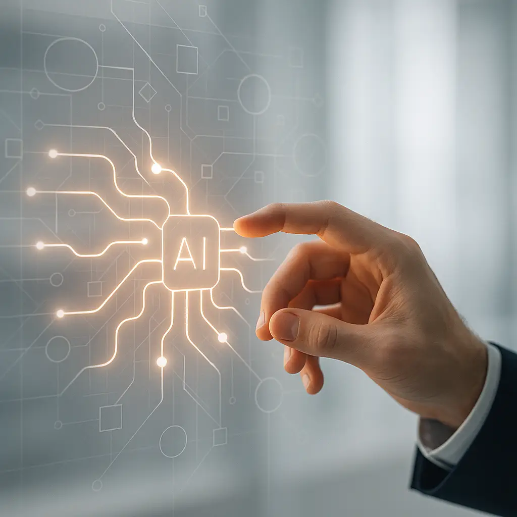 A human hand guides complex digital pathways, symbolizing responsible AI implementation and ethical decision-making in technology.