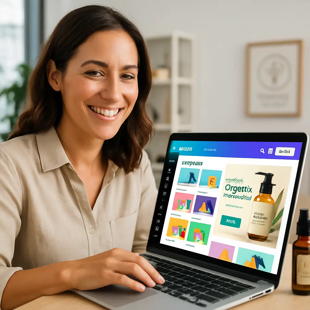 A small business owner uses Canva to easily create professional graphic designs, illustrating the power of Canva for small business.