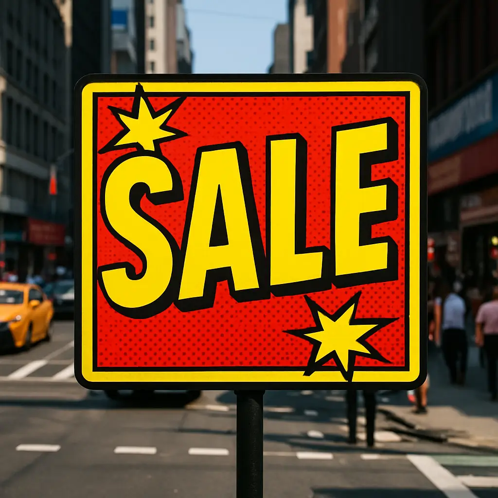 A vibrant, high-contrast sign with bold text and a dark background stands out against a busy urban environment, demonstrating effective color and contrast in signs for maximum visibility.