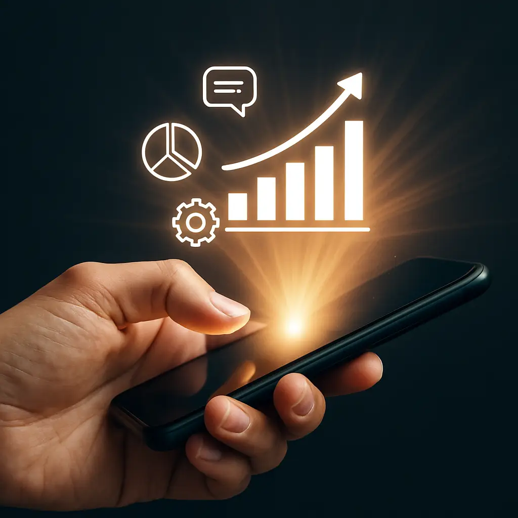 A hand scrolling a phone, where a vibrant, attention-grabbing thumb-stopping social graphic stands out on the screen.