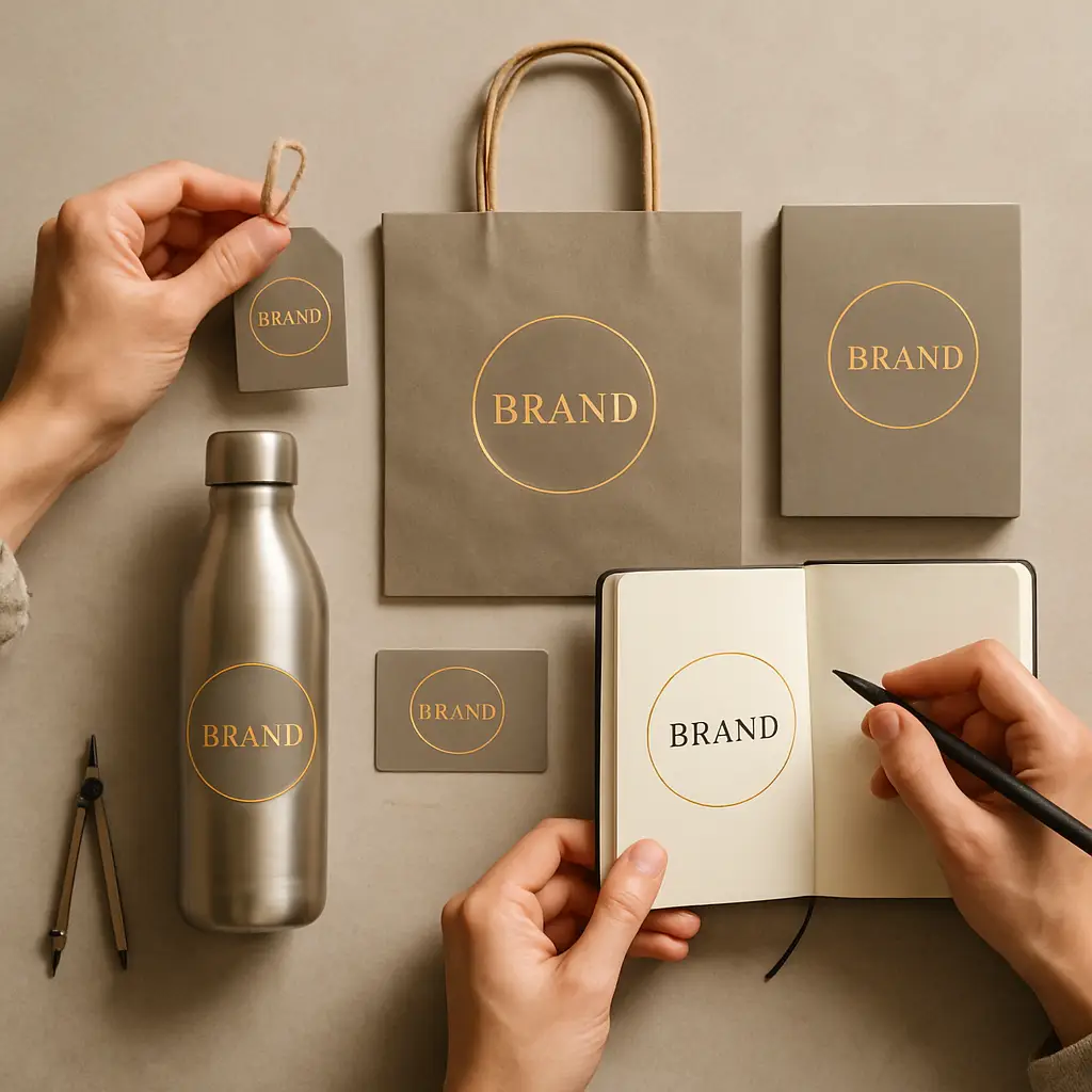 A close-up of hands working on mockups for memorable branded promotional items, showcasing a thoughtful design process.