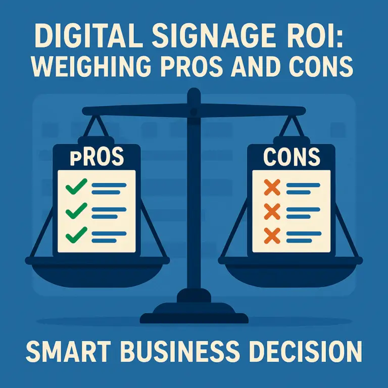 A graphic visually represents the calculation of digital signage ROI with elements showing pros and cons.