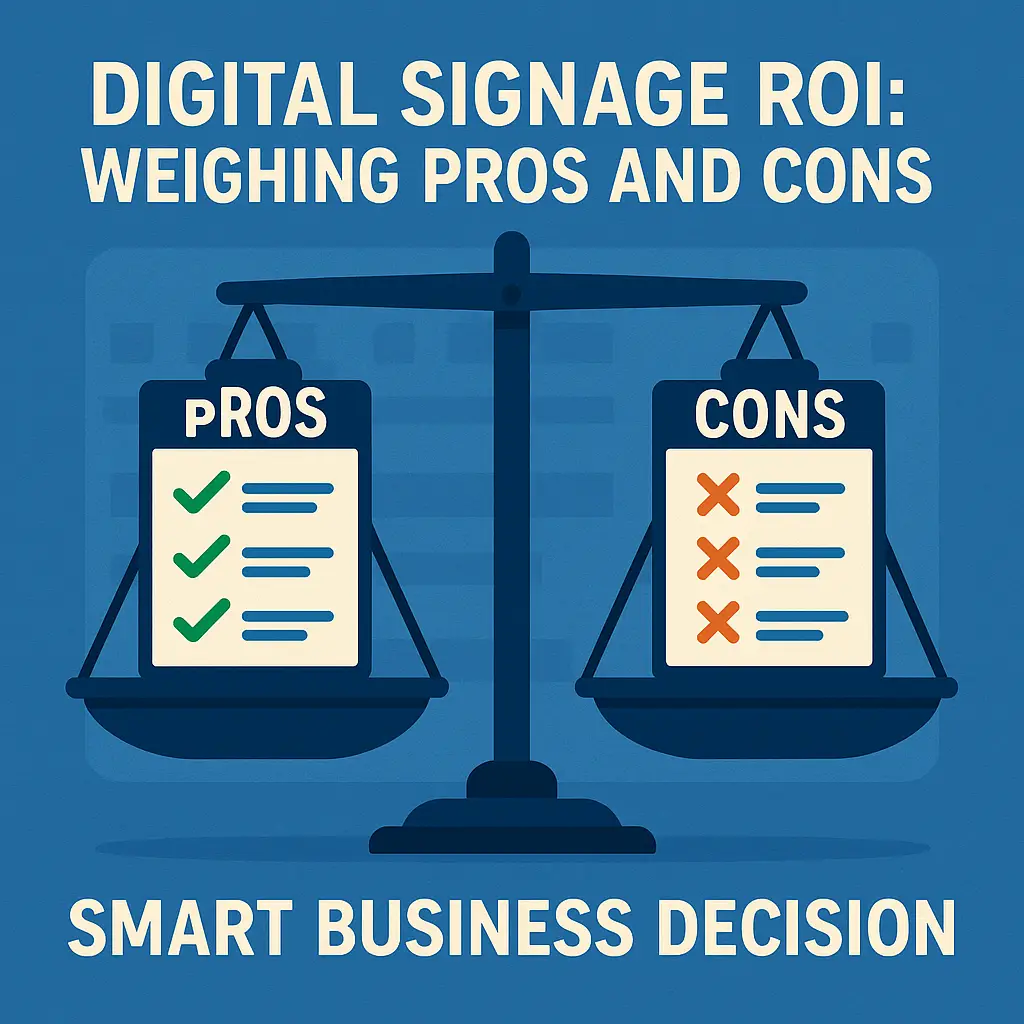 A graphic visually represents the calculation of digital signage ROI with elements showing pros and cons.