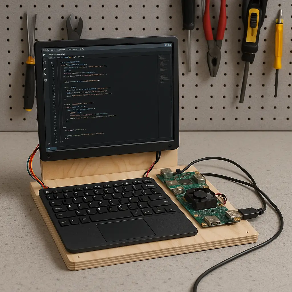 A person contemplates the DIY vs pro web dev decision, looking at a laptop for self-build and a desk with professional tools.