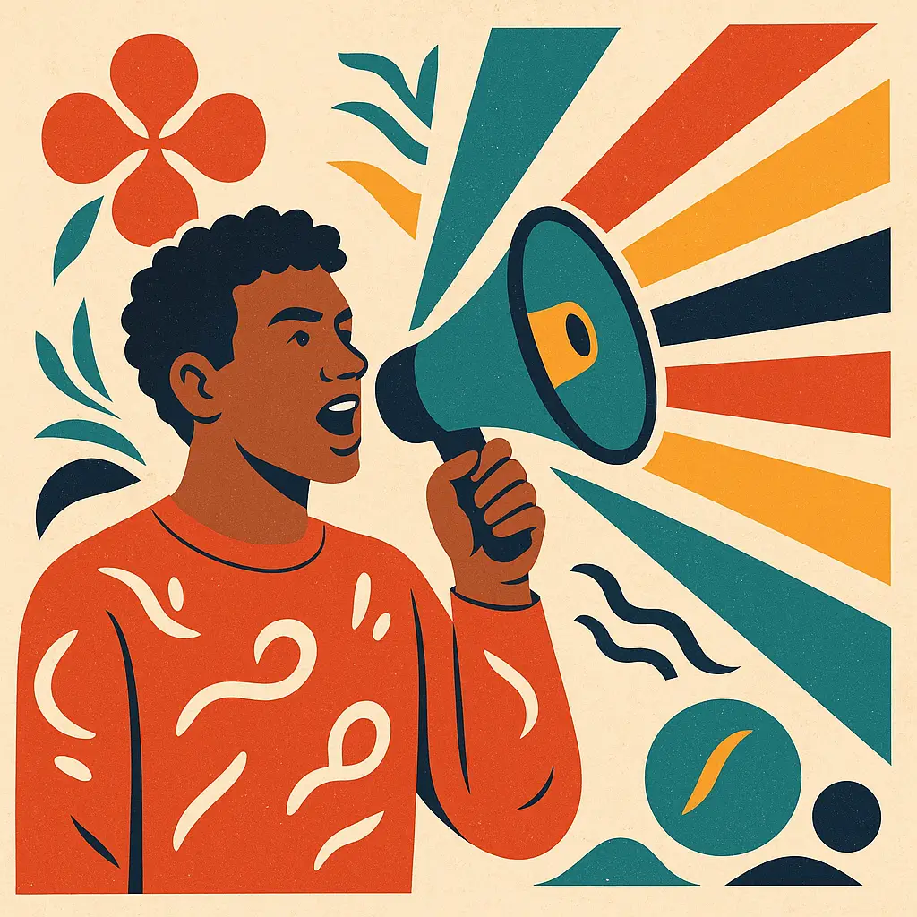 A person speaking into a megaphone with colorful waves, symbolizing the power to create brand voice and unique brand identity.