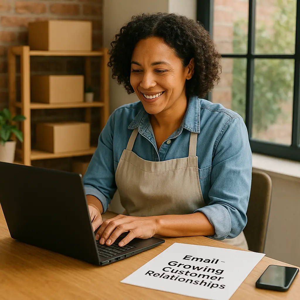 A small business owner happily engaging with email marketing for small business on a laptop, symbolizing digital growth and customer connection.