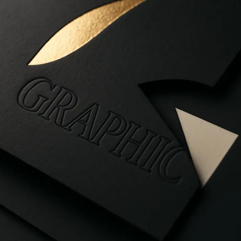 Close-up of luxury print finishes, showing a raised embossed design, shimmering metallic foil, and a custom die-cut shape on paper.