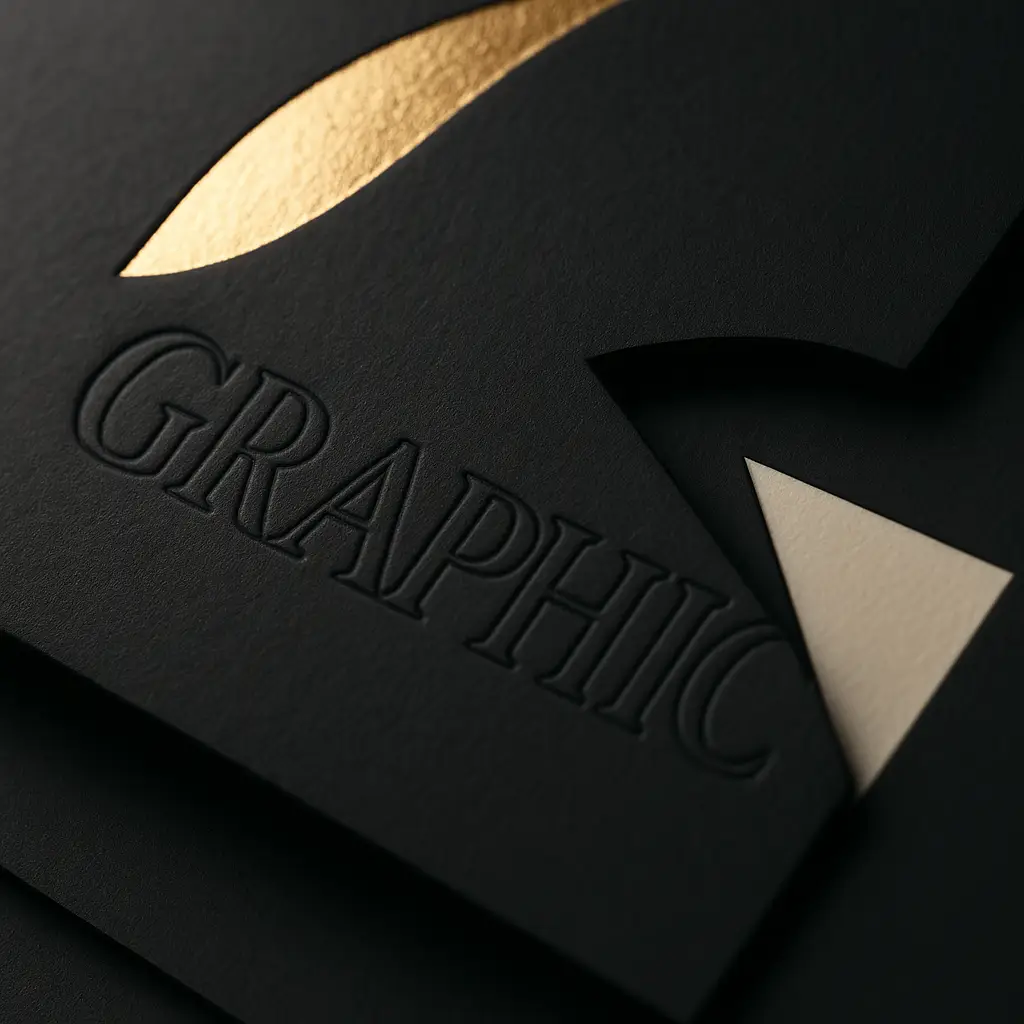 Close-up of luxury print finishes, showing a raised embossed design, shimmering metallic foil, and a custom die-cut shape on paper.