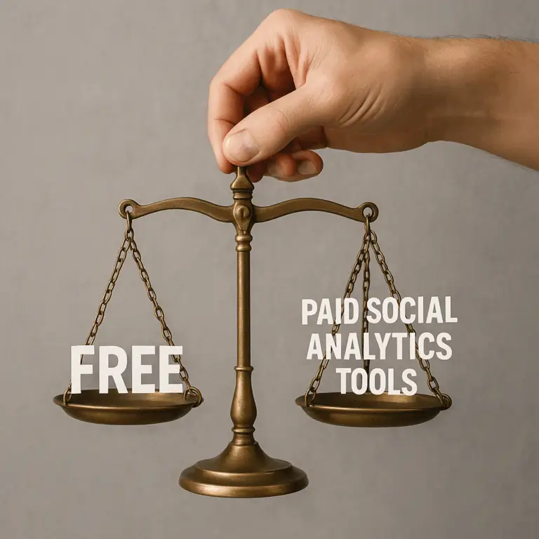 A hand balances free vs. paid social analytics tools on a scale, symbolizing the decision for the best social analytics tools.