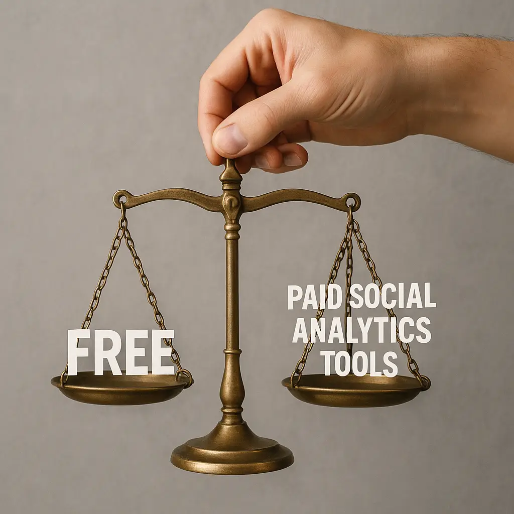 A hand balances free vs. paid social analytics tools on a scale, symbolizing the decision for the best social analytics tools.