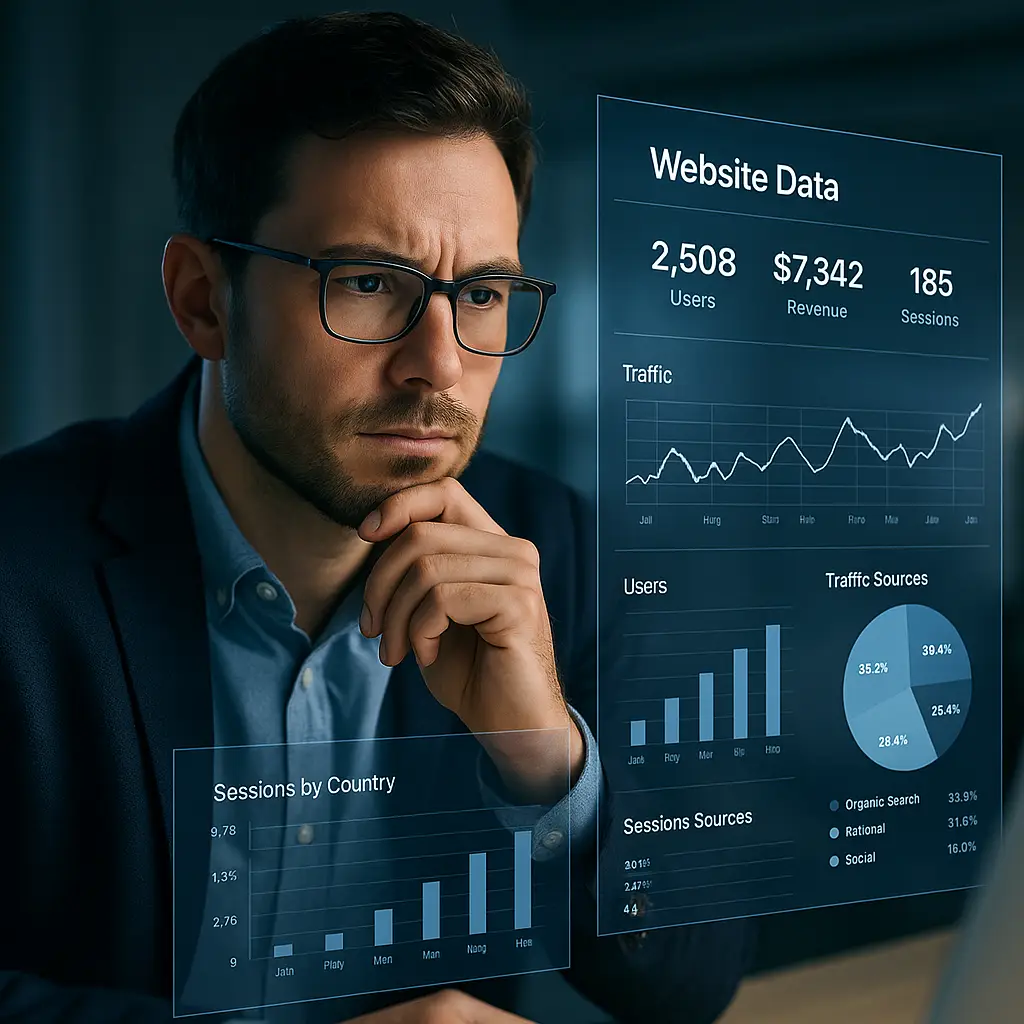A focused entrepreneur analyzes a Google Analytics dashboard on a laptop, understanding website traffic data to drive business growth.