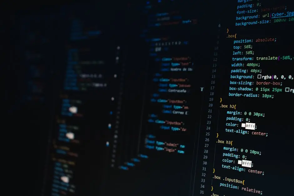 Detailed view of HTML and CSS code on a dark screen, representing modern web development.