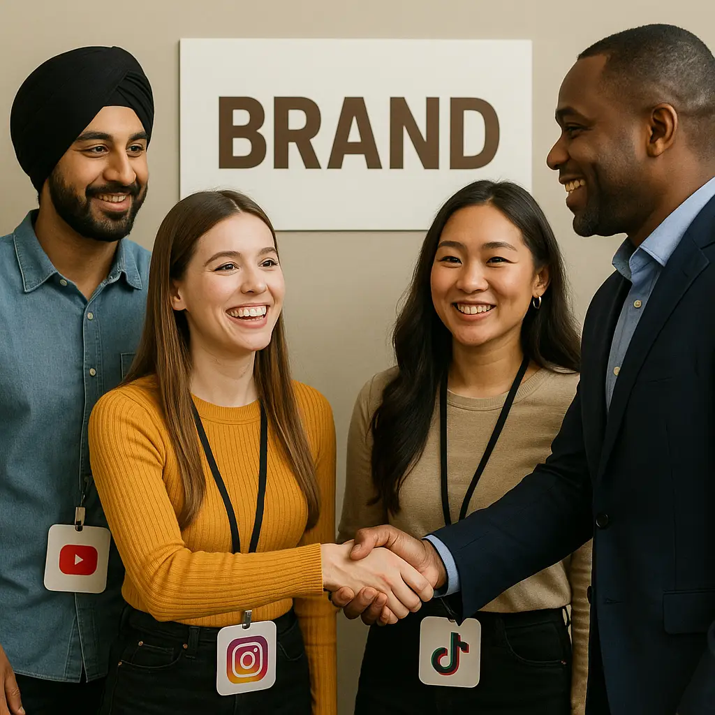 A brand manager shakes hands with various social media creators, illustrating how to find and partner with influencers for successful collaborations.