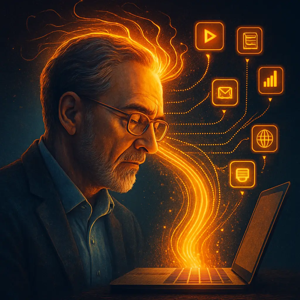 An expert's knowledge transforming into digital content and glowing leads, illustrating how to turn expertise into content effectively.