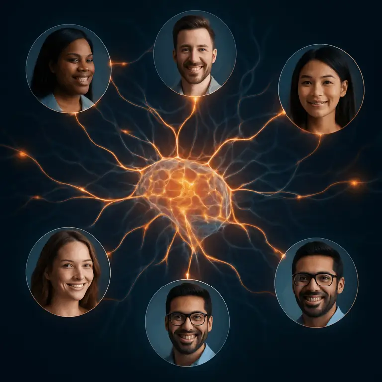 A photorealistic image of a glowing neural network connecting diverse customer profiles, illustrating AI-driven hyper-personalization.