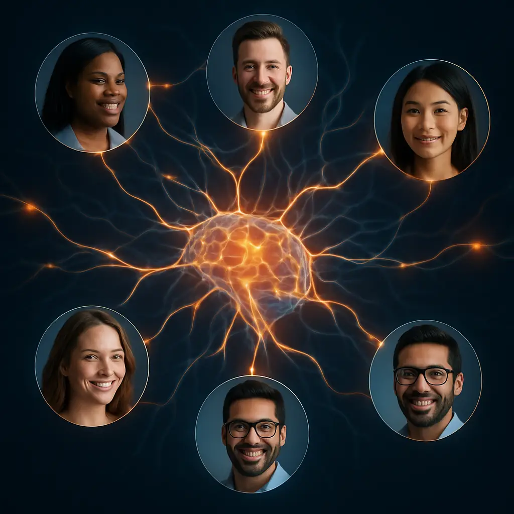 A photorealistic image of a glowing neural network connecting diverse customer profiles, illustrating AI-driven hyper-personalization.