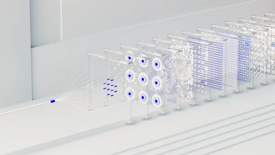 Visual abstraction of neural networks in AI technology, featuring data flow and algorithms.