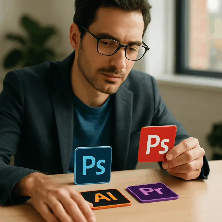 A designer contemplates using Illustrator vs Photoshop vs InDesign, surrounded by the glowing icons of the Adobe Creative Suite.