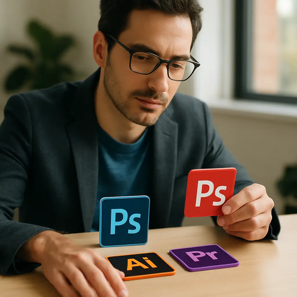 A designer contemplates using Illustrator vs Photoshop vs InDesign, surrounded by the glowing icons of the Adobe Creative Suite.