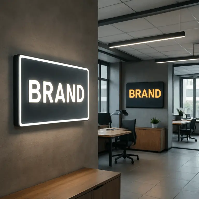A brightly lit modern office lobby featuring prominent custom indoor signs showcasing a company's elegant logo and brand colors.