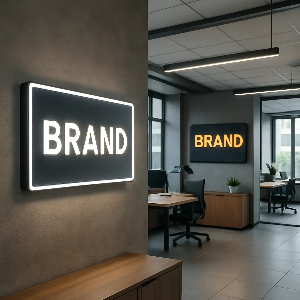 A brightly lit modern office lobby featuring prominent custom indoor signs showcasing a company's elegant logo and brand colors.