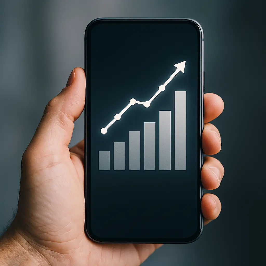 A hand holds a smartphone displaying a growth graph, symbolizing effective influencer marketing ROI measurement and business growth.