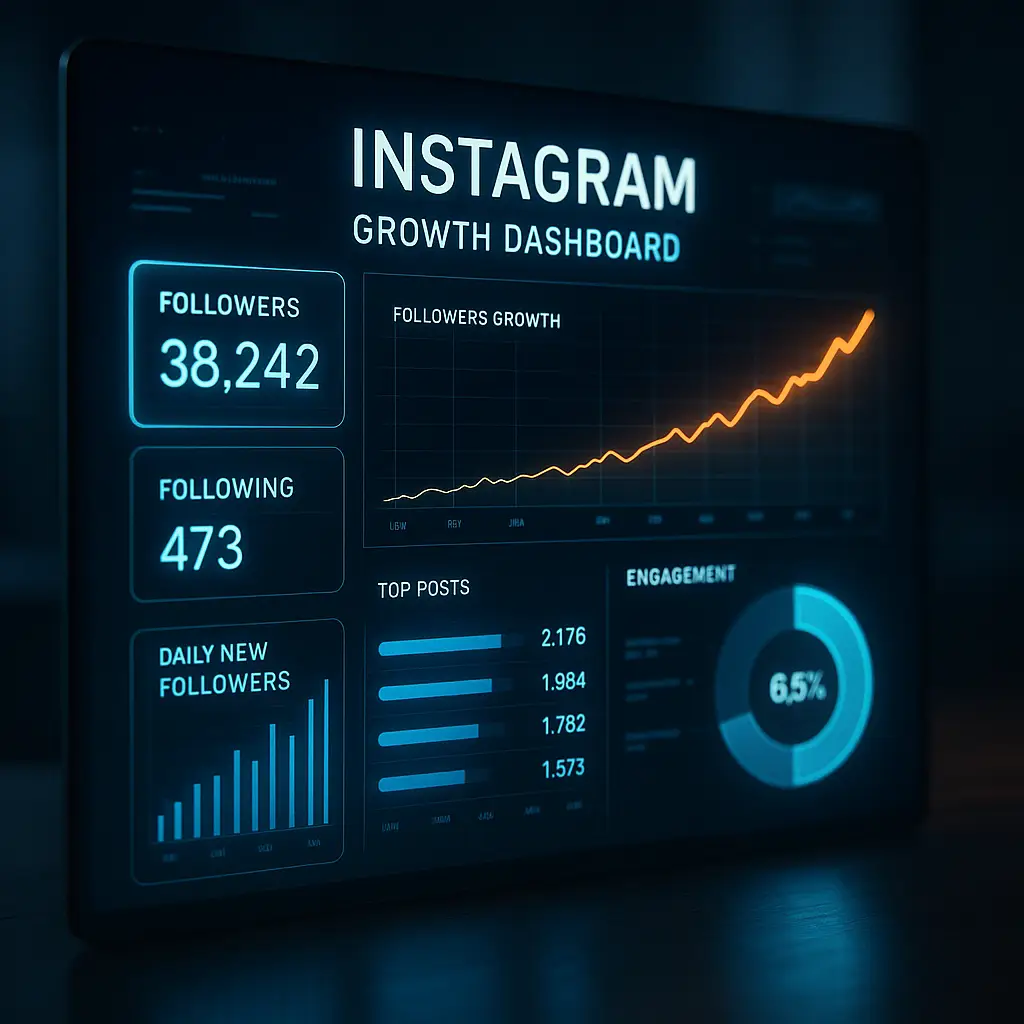 A futuristic digital dashboard displaying Instagram growth metrics, charts, and trends for 2025, with a glowing social media icon.