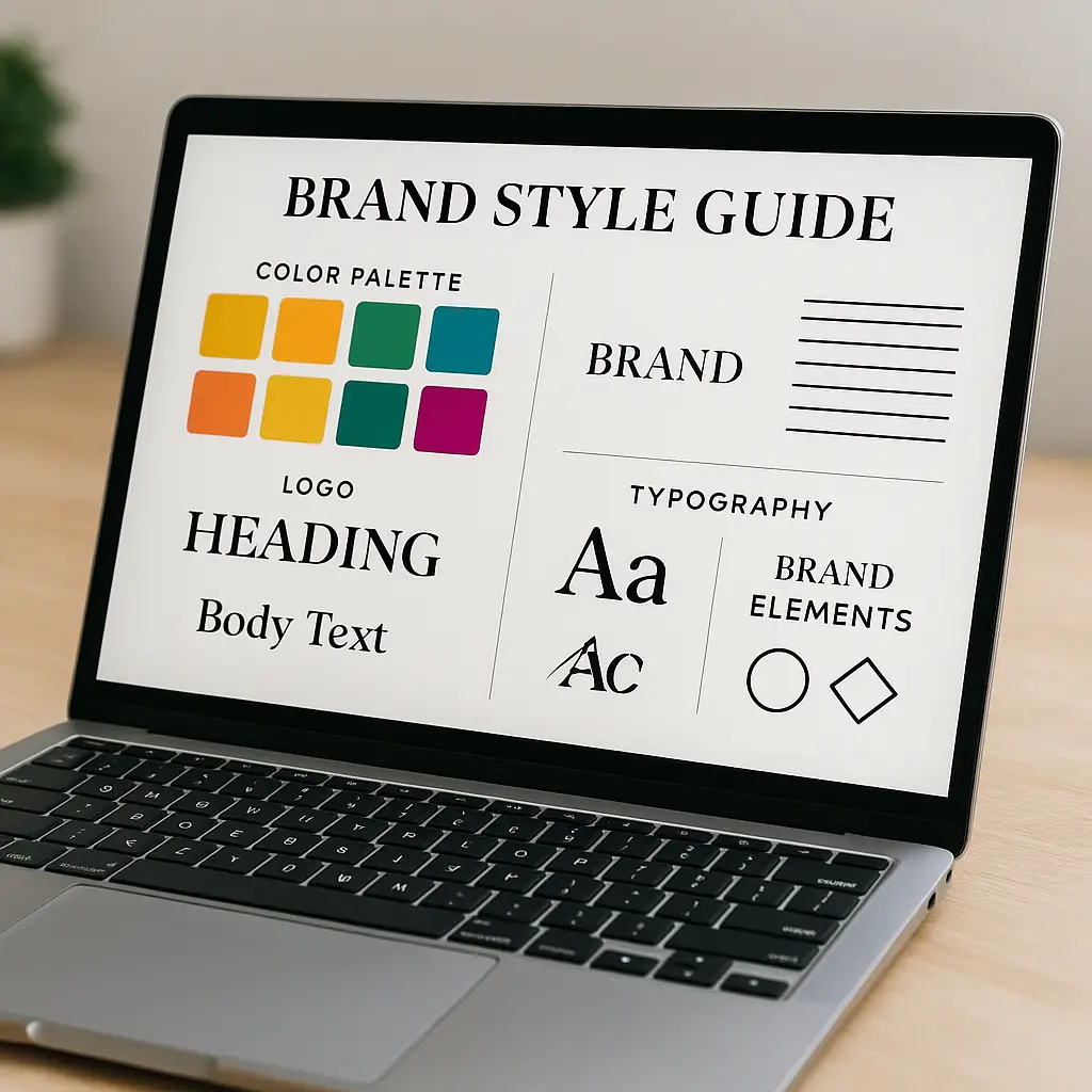 A designer's desk with a laptop showing a vibrant brand style guide, demonstrating how to master brand visuals through strategic color and font choices.