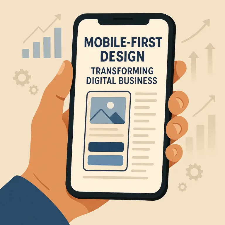 A hand holding a smartphone displaying a website designed with a mobile-first approach, seamlessly adapting to different screen sizes.