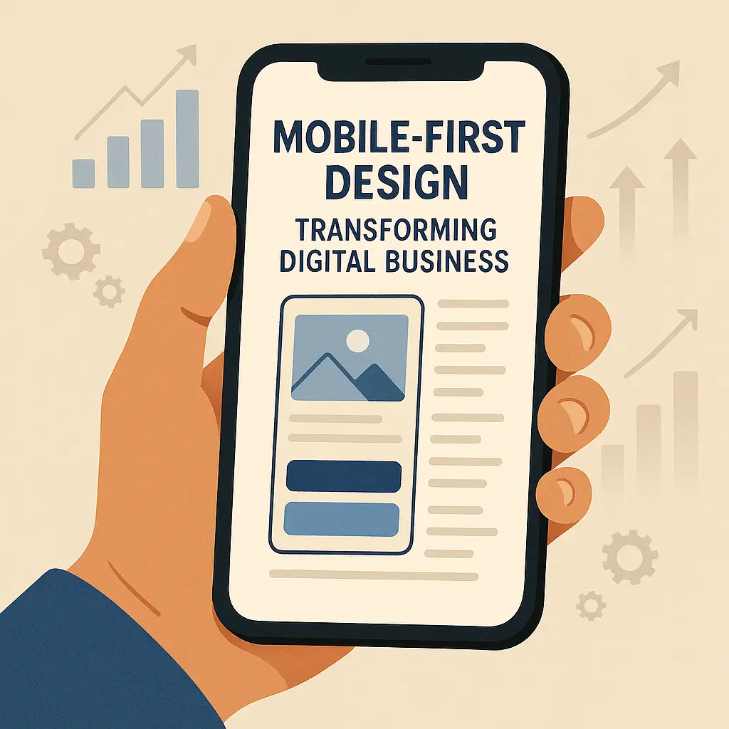 A hand holding a smartphone displaying a website designed with a mobile-first approach, seamlessly adapting to different screen sizes.