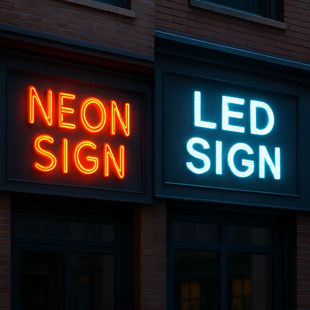 A vibrant comparison of neon vs LED signs illuminating a modern and a classic business facade at dusk.