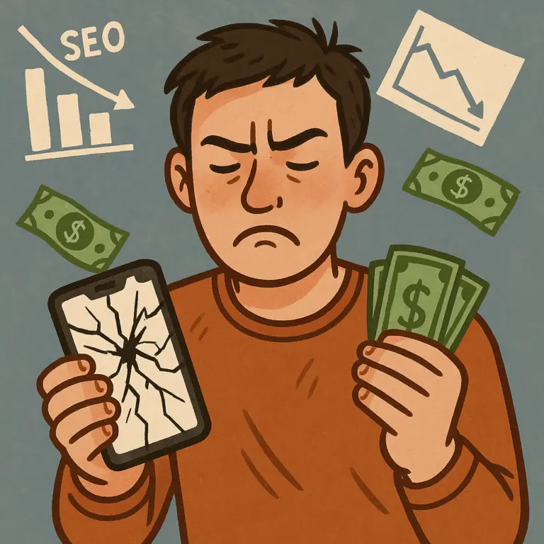 A frustrated user looks at a broken smartphone screen with digital elements like money and SEO charts crumbling, illustrating the cost of poor mobile websites.