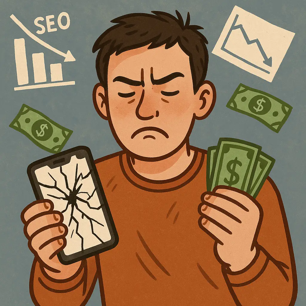A frustrated user looks at a broken smartphone screen with digital elements like money and SEO charts crumbling, illustrating the cost of poor mobile websites.